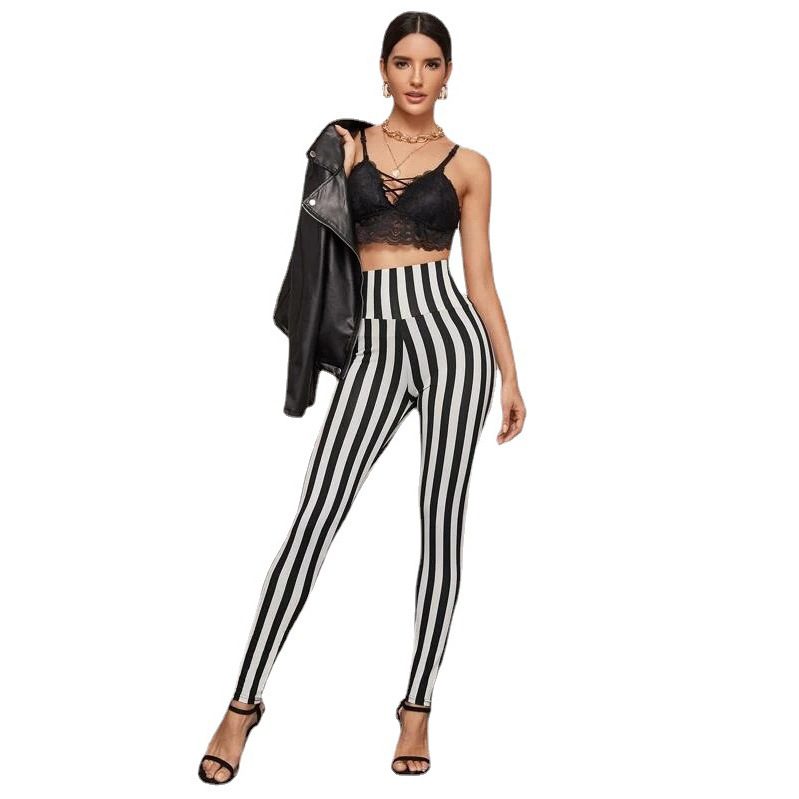Picture of Factory self-produced LAZADA black and white vertical stripes high waist leggings cropped leggings Southeast Asian supply