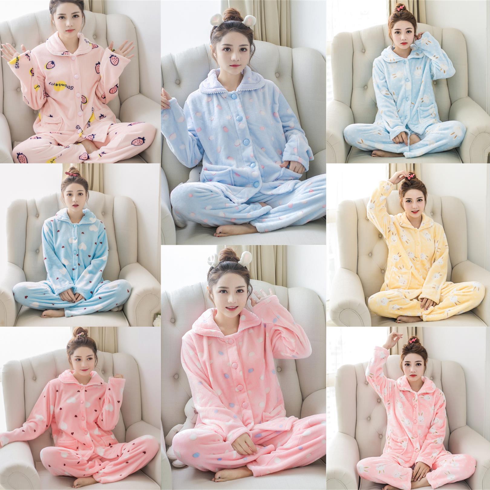 Autumn and Winter Flannel Pajamas Women's Winter Coral Fleece Cardigan Warm Rabbit Pajamas Outwear Home Clothes Set
