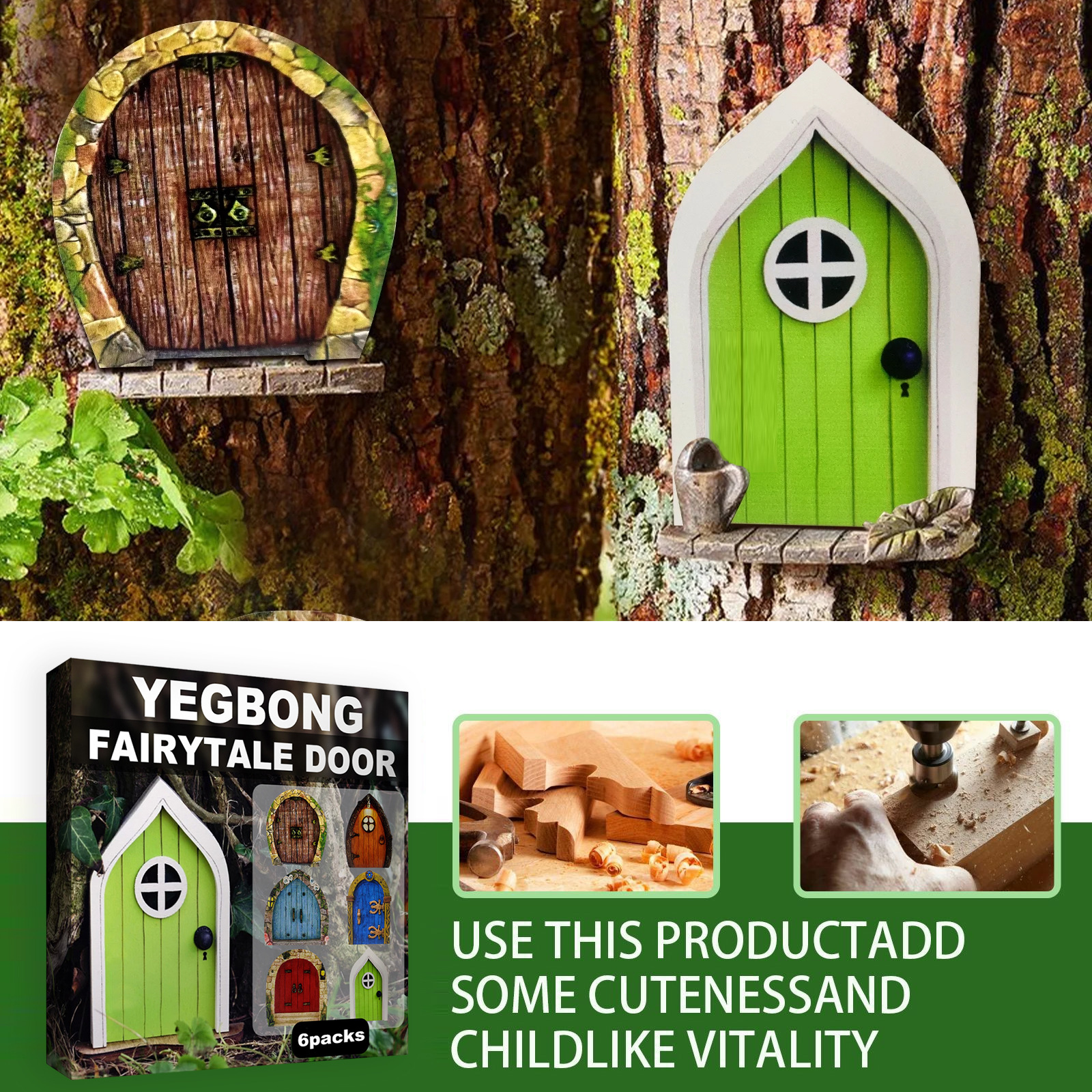 Picture of Yegbong Garden Decoration Fairy Door Dwarf Decorative Fairy Door Wooden Miniature Yard Tree Decoration