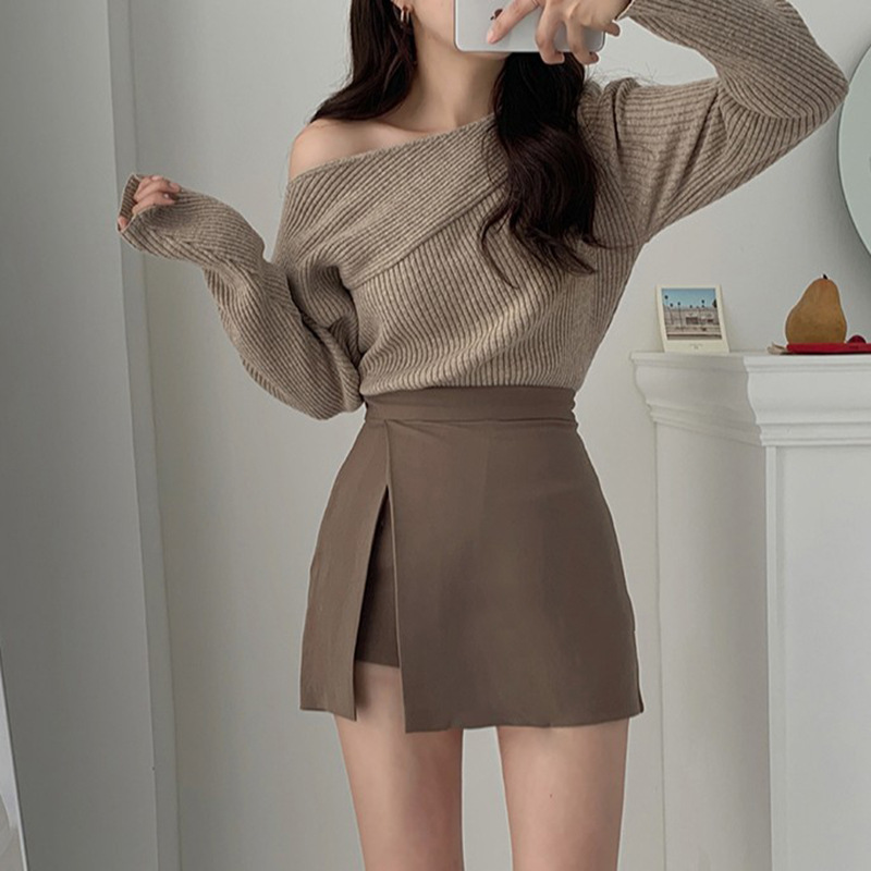 South Korea's Dongdaemun Women's Simple Pants Skirt Side Slit Design Slim Look High Waist Sexy All-match Skirt A- line
