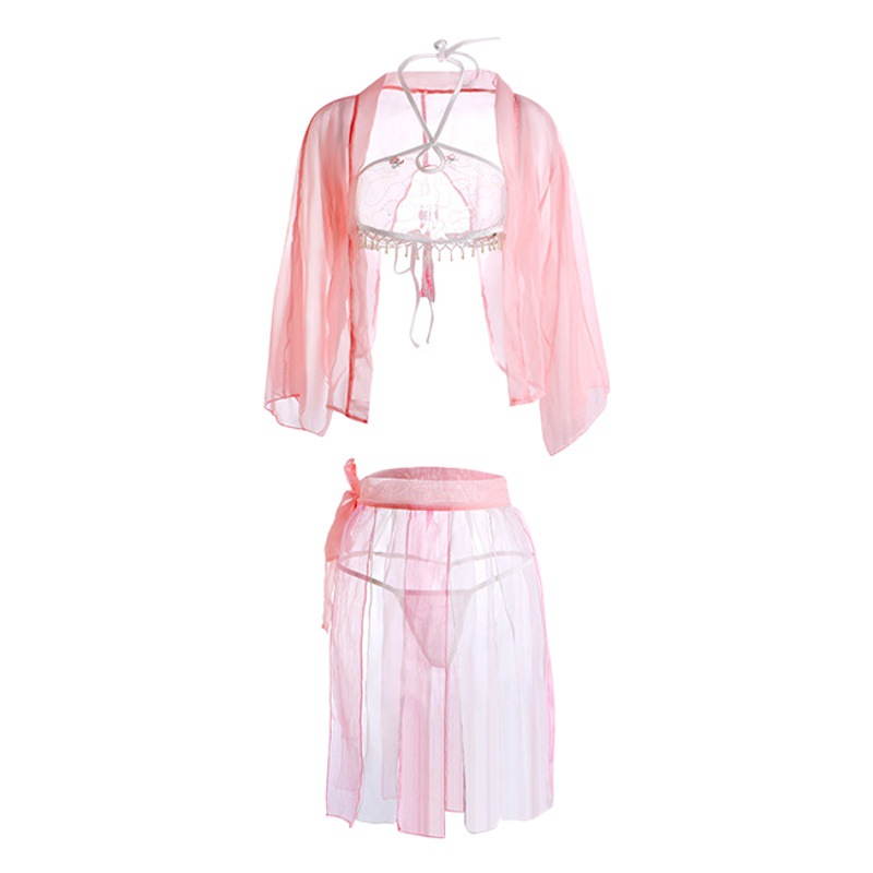Sexy Underwear Enchanting Retro Tulle Perspective Temptation Pearl Tassel Belly Piece Tie Skirt Exotic Suit