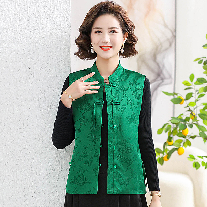 Picture of Chinese style satin jacquard vest Vest Women's Spring and Autumn New Stand Collar buckle retro vest short top