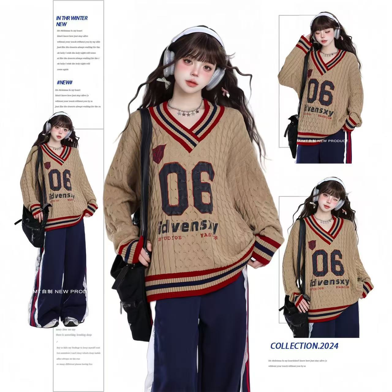 American Style Retro V-Neck Pullover Sweater Women's Autumn and Winter Lazy Style Design Sense Loose Slimming Contrast Color Sweater Top