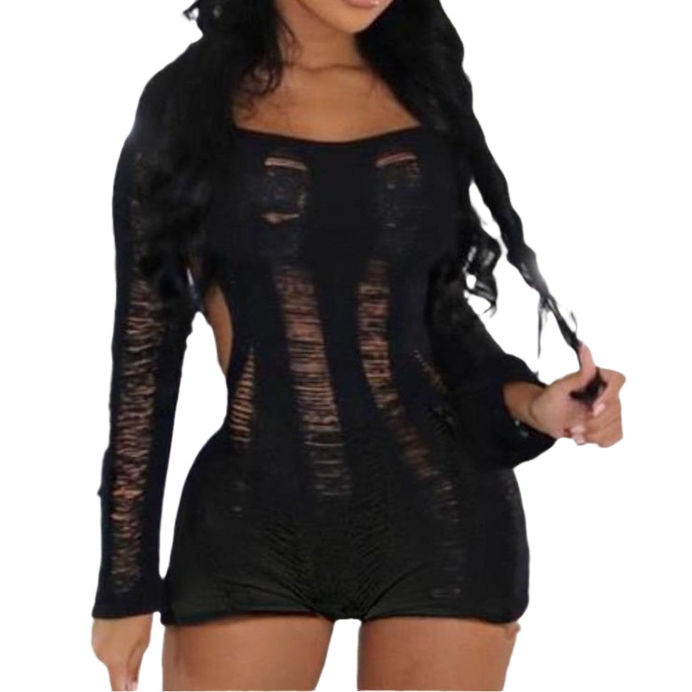 European and American Style 2023 New Spring Women's Fashion Ripped Sexy Low-cut Perspective Backless High Waist Slim-fit Jumpsuit