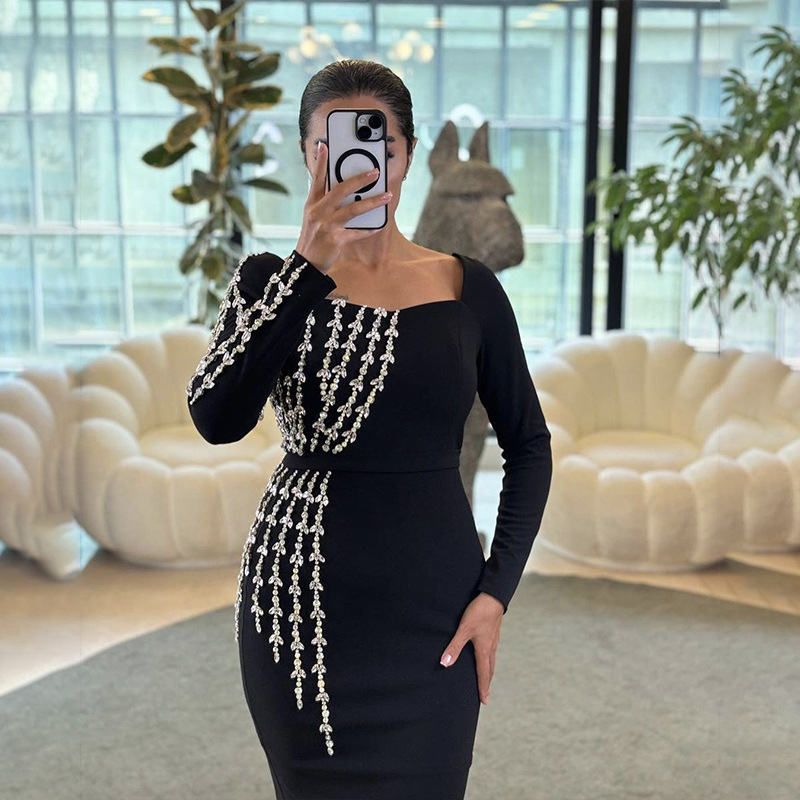 Amazon AliExpress foreign trade cross-border black long sleeve heavy industry square collar slim socialite bandage dress dress
