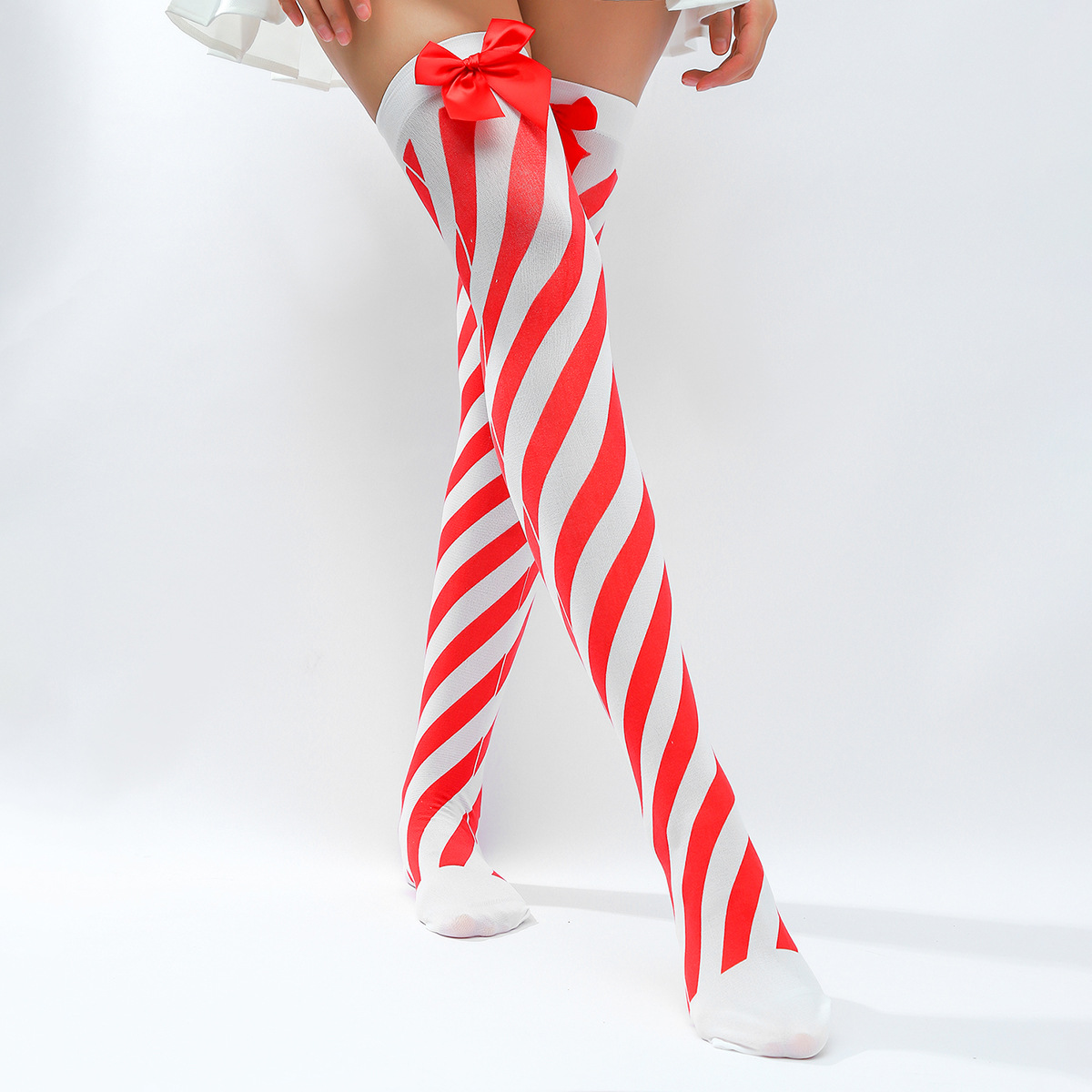 Cross Border in stock Children's Christmas Long Socks Screen Printing Striped with Red Bow Adult Over-the-Knee Socks