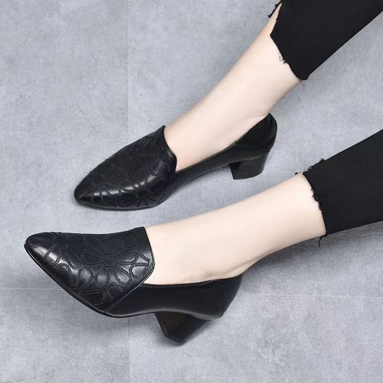 Soft-soled Pointed Single-layer Shoes Women's Mid-heel 2024 Autumn New Arrival Embroidered Commuter Women's Shoes Comfortable Thick-heel Soft Leather Moms Shoes