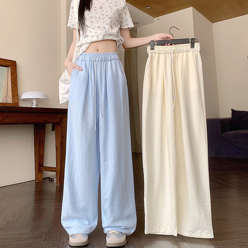 Textured Milk Ice Silk Wide-Leg Pants for Women, Summer Thin Casual Draped Lazy Style Relaxed Blue Yamamoto Pants