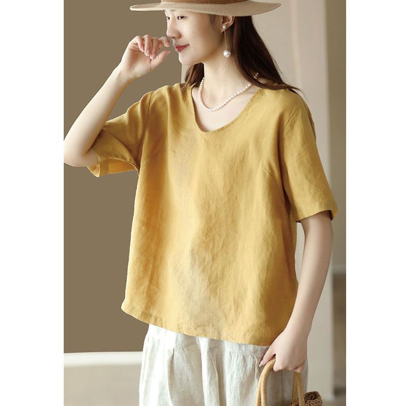 Women's New Vintage Cotton and Linen plus size Top Loose Slimming Short-sleeved T-shirt Artistic Casual Solid Color All-match Shirt