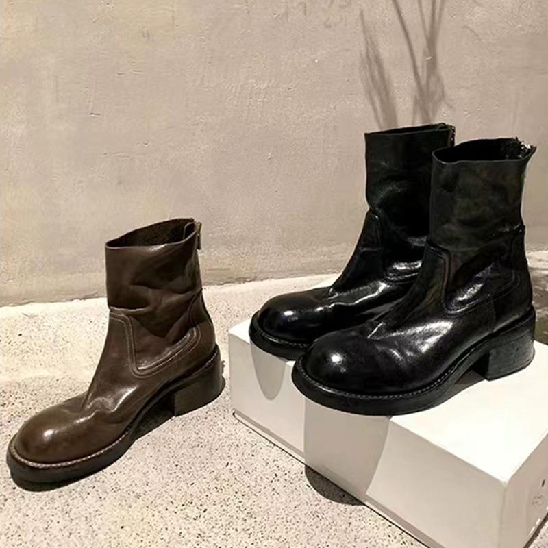 Grape Mom's Same Style 2025 Autumn and Winter New Style Boots Retro Thick Heel Back Zipper 6cm Horsehide Short Boots for Women