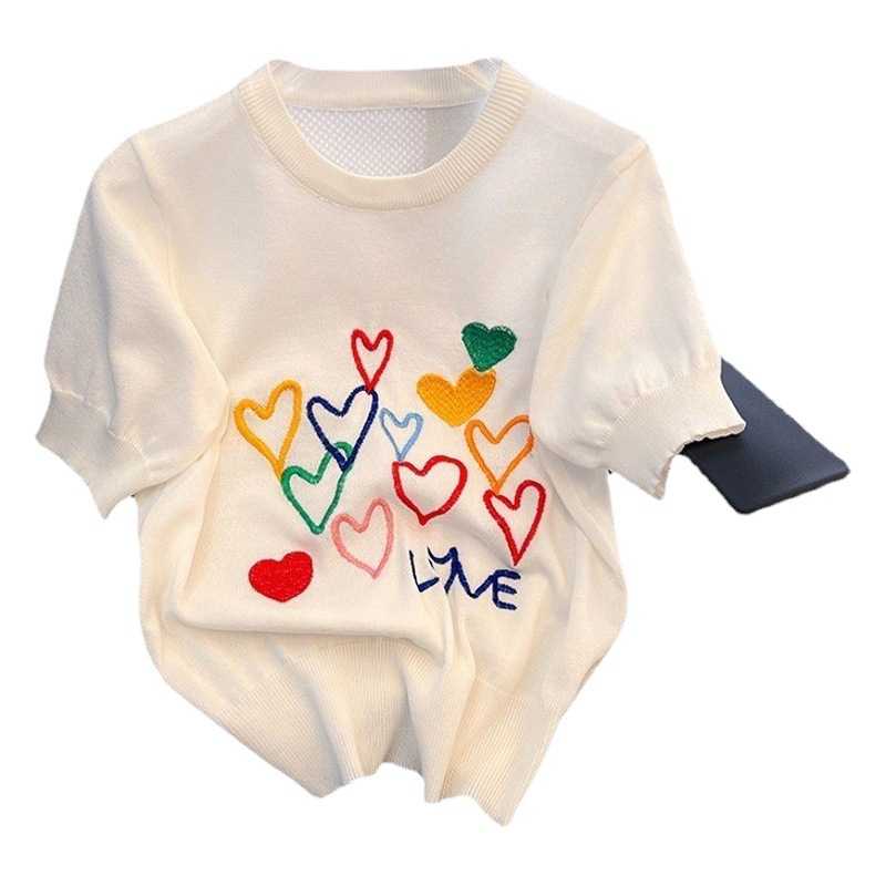 Short Knitted Knitwear Short-Sleeved T24 New Round Neck Popular Heart Embroider Soft Waxy Versatile Knitwear French Romantic