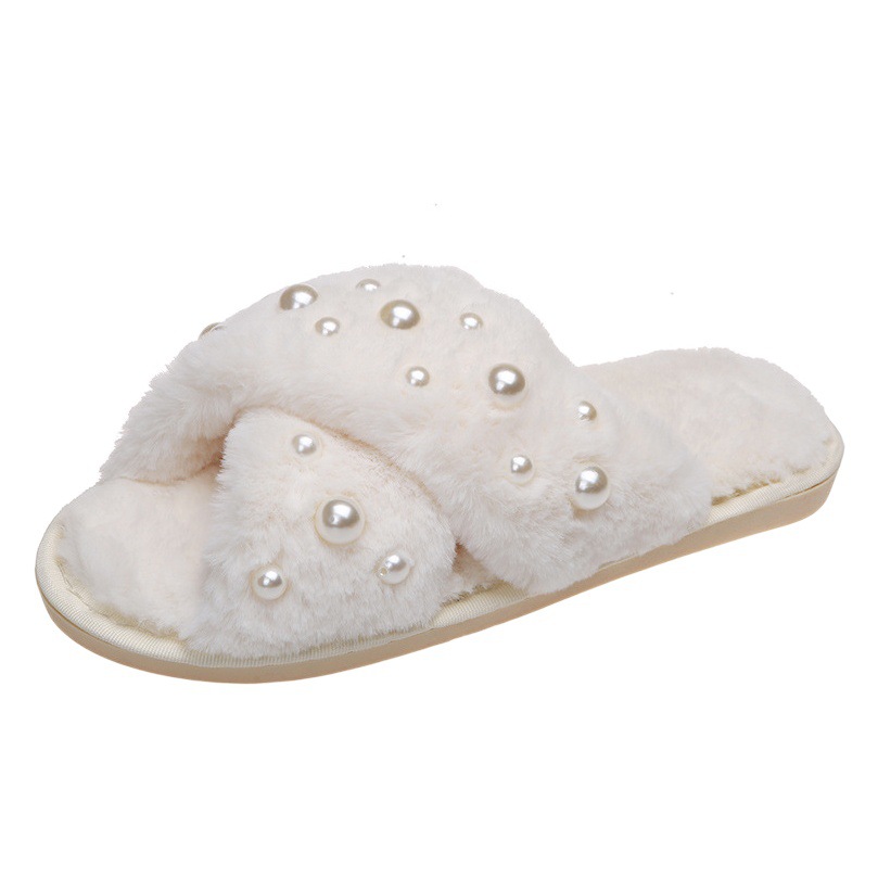 European and American Home 2025 New Flat Pearl Cross Mao Mao Slippers Women's One Word Foreign Trade Candy Color Cotton Slippers for Women