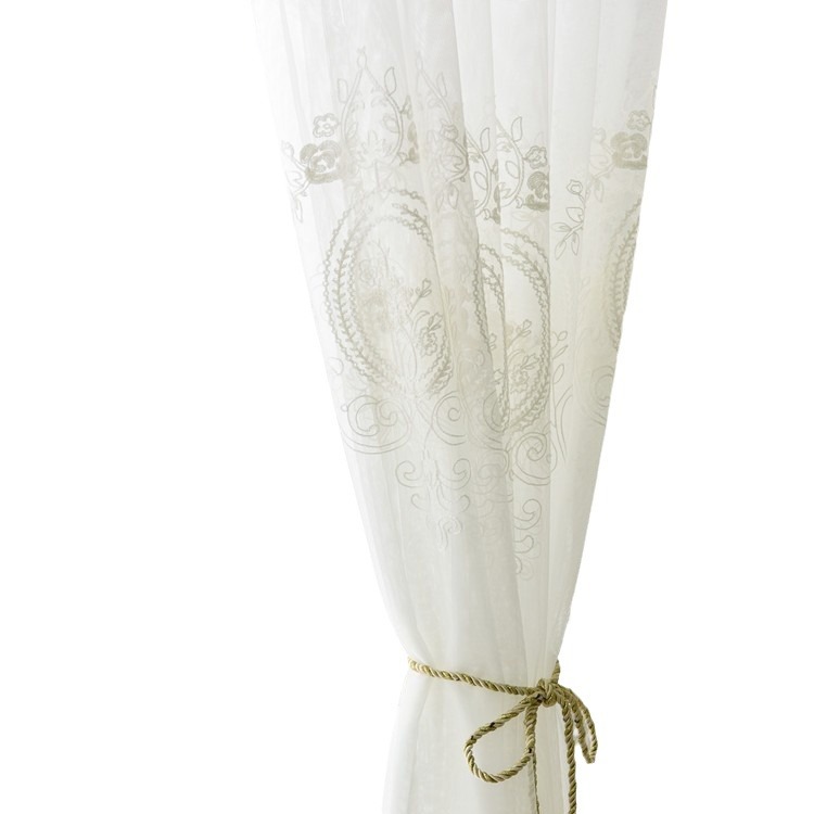 Picture of White flower cover embroidered cotton linen curtain screen living room finished bedroom bay window balcony floor-to-ceiling window wholesale
