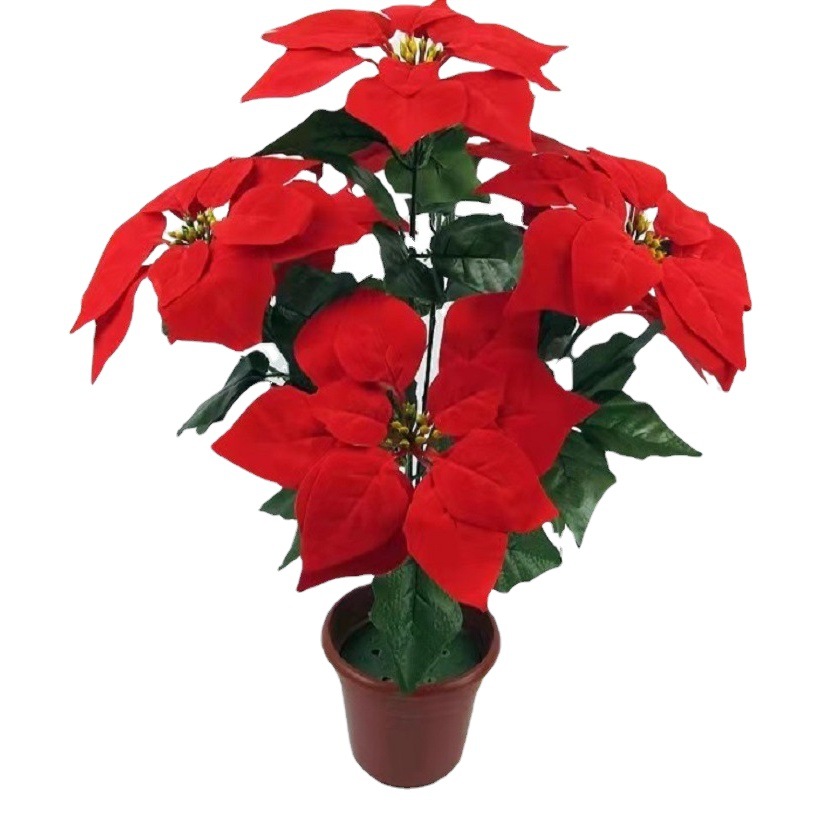 Simulation Poinsettia 5-head velvet Christmas flower flower arrangement plastic flower bonsai flower bed arrangement simulation flower 7-head Poinsettia