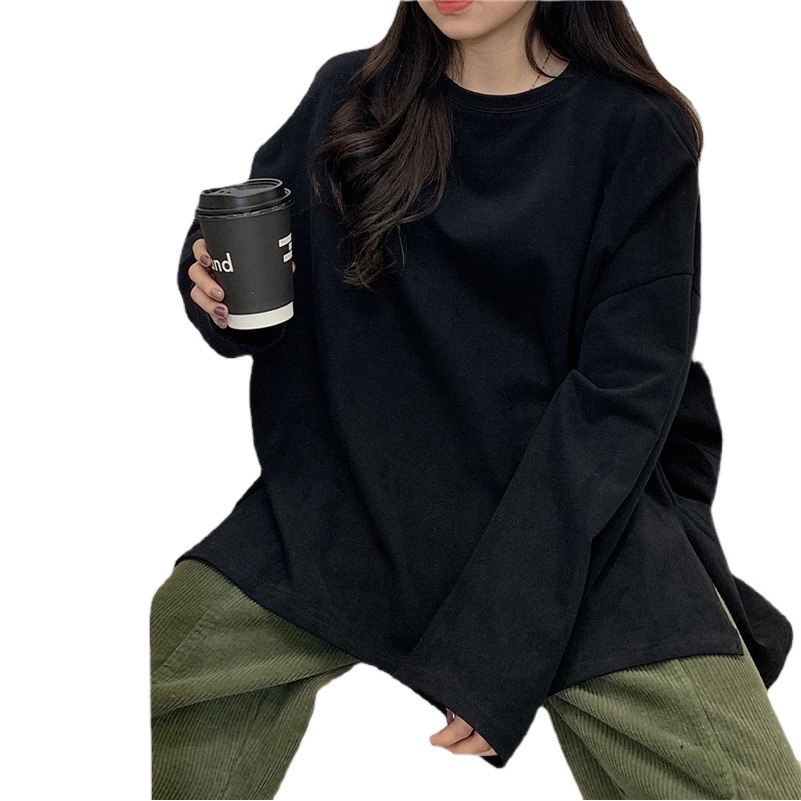 2023 Autumn Split Solid Color Long-sleeved T-shirt Women's Fashionable Base Shirt Korean Fashionable Student Outfit Loose Top for Women
