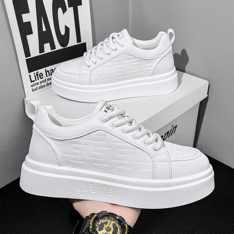 Light Luxury High-end Men's Shoes Spring Leather White Shoes Trendy White Sneakers Soft Sole Thick Sole Increased All-match sneaker