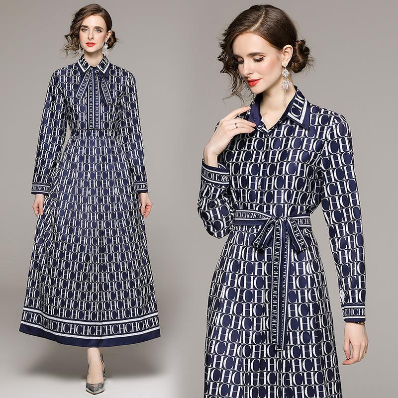 Real shot in stock-European and American fashion all-match waist slimming positioning Printing Dress