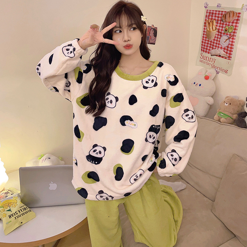Cross-border internet celebrity live broadcast new winter women's pajamas coral fleece flannel round neck pullover cartoon home wear suit