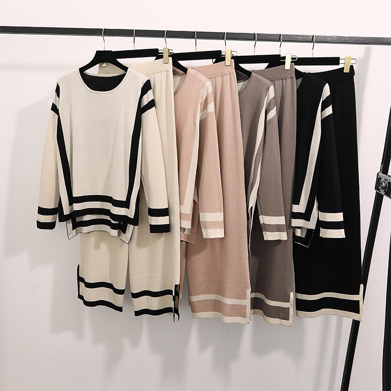 2025 Cross-border Foreign Trade Fashion Simple Stitching Loose Long-sleeved Top High Waist Slimming Wide Leg Knitted Two-piece Set