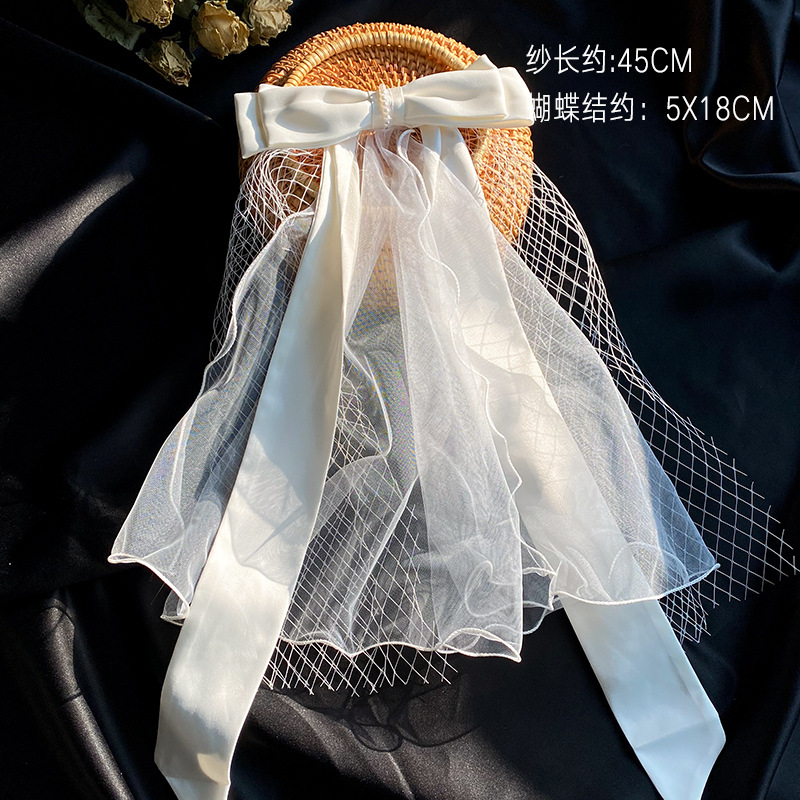 Picture of 2024 New Arrival Bow Veil Super Fairy Wedding Travel Photo White Satin Mesh Hairpin Bridal Hair Accessories