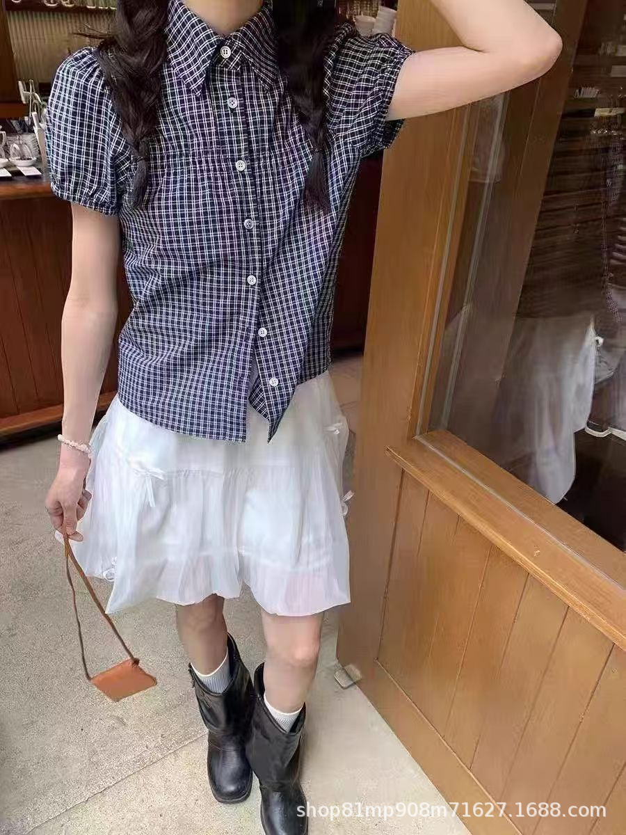 Japanese-Style Plaid Polo Collar Babydoll Shirt for Women with Puff Sleeves, Summer 2025 Short-Sleeve Slim-Fit Top, Versatile Commuter Top
