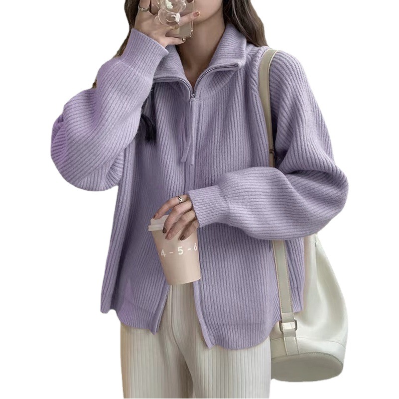 High-end super-nice purple knitted cardigan coat autumn 2024 early spring new lapel double zipper sweater for women