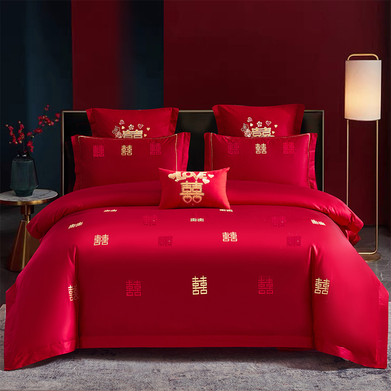 Picture of Wedding Four-Piece Set Embroidered Wedding Pure Cotton Bright Red Wedding Room Embroidered Bedding Quilt Bedding