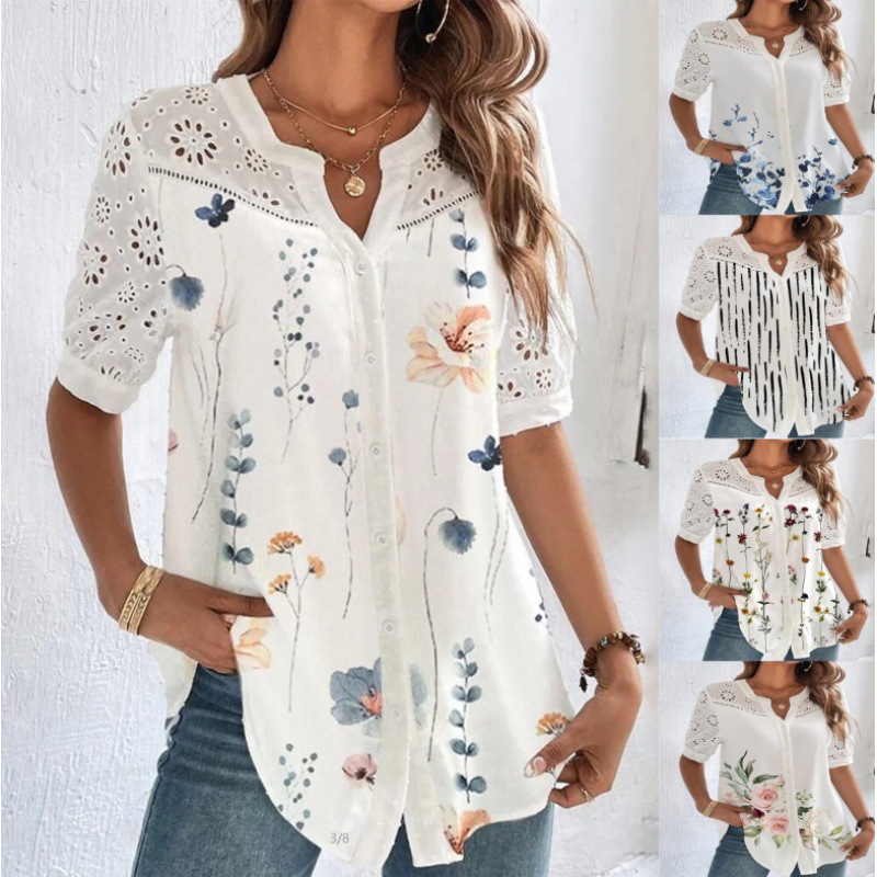 2023 Amazon ebay cross-border independent station foreign trade new fashion breasted lapel short sleeve shirt women's top