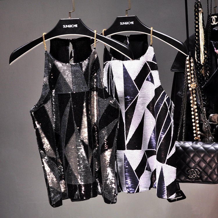European Station Fashion Western European and American Sequins Geometric Pattern Metal Chain Sling Halter Vest Sexy Base Shirt