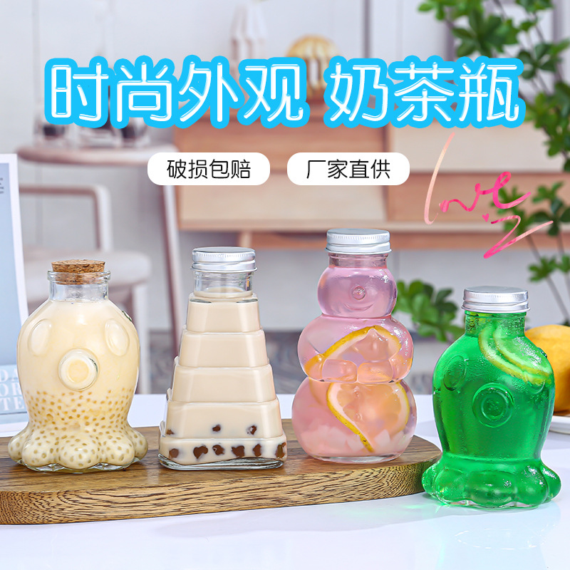 Spot Wholesale 300ml Silk Mouth Personalized Snowman Glass Drink Bottle Octopus Large Mouth Special-Shaped Juice Sealed Empty Bottle