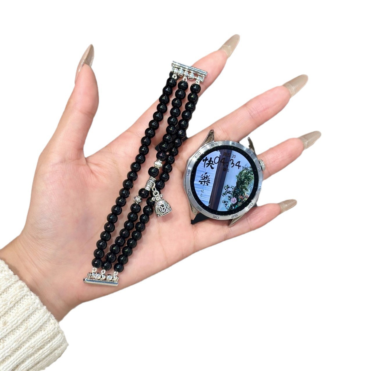 Picture of Black Beaded Triple Chain for Huawei GT4/GT3 Smart Watch Strap watch3/4Pro Full Model Universal