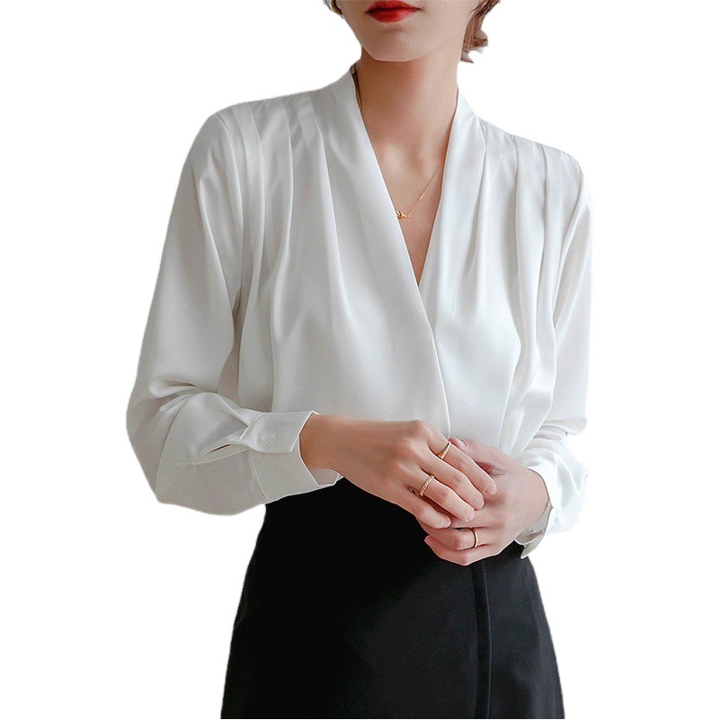 2025 Spring White Shirt Women's Long Sleeve French Design Niche Retro Silk Top Professional Satin Shirt
