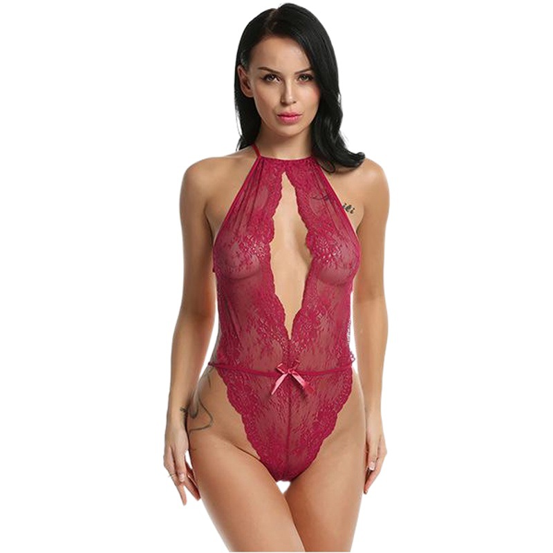 Foreign Trade AliExpress Summer Women's New Style Shaper Sexy Pajamas V-Neck Hanging Neck Lace Jumpsuit