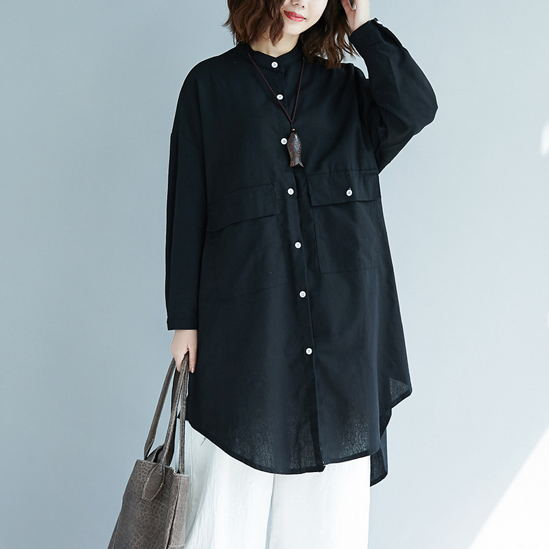 2022 Korean Style Large Size Women's Long Large Size Women's Clothing Simple Solid Color Lapel Cotton Linen Long Sleeve Shirt Slim-fit Top