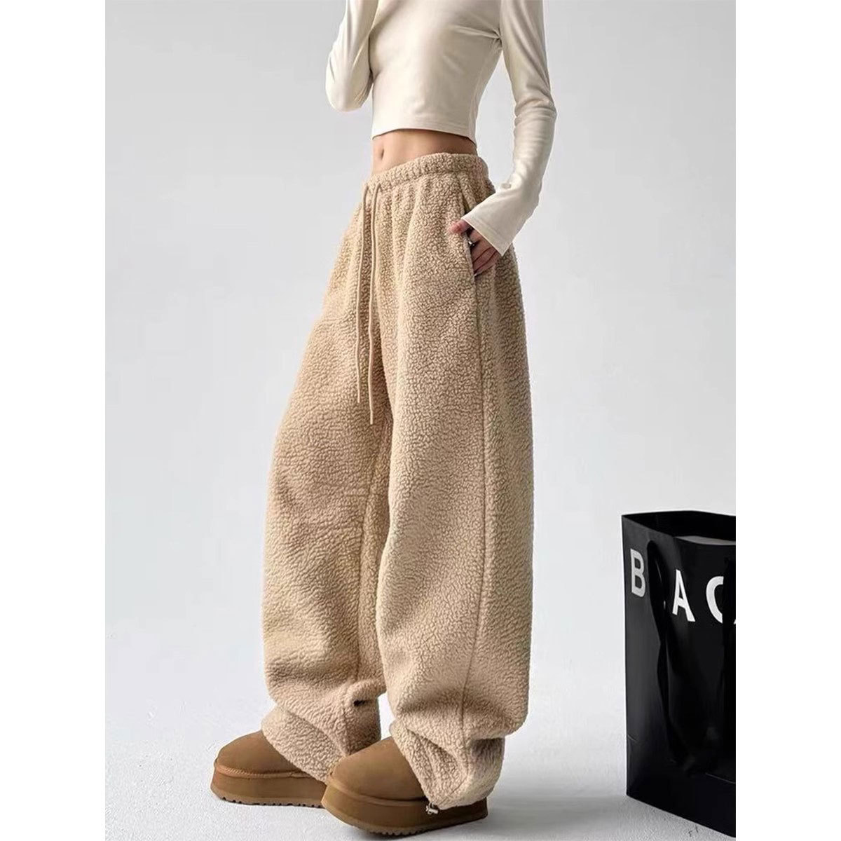 khaki Fleece Women's Autumn and Winter 2024 New fleece-lined Thickened Casual Pants Cold-proof Warm Cotton Pants