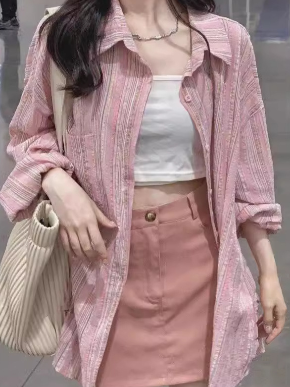 Pink Striped Shirt Coat Women's Early Autumn Wear Lazy Loose Top Sun Protection Shirt 2024 New Style Outer Cardigan
