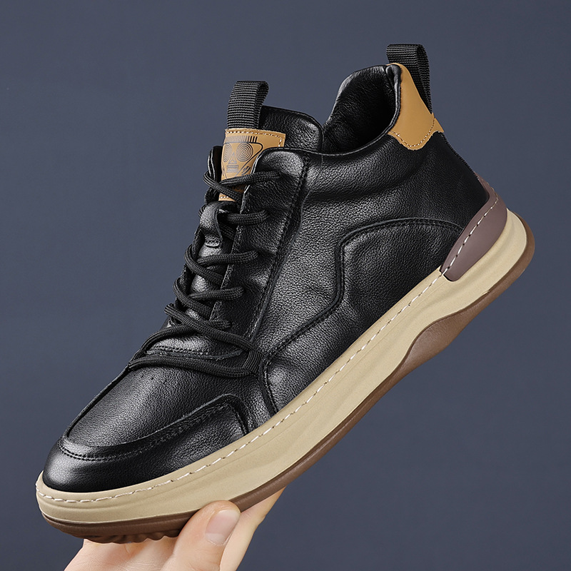 Top Layer Cowhide High-Top Men's Leather Shoes Genuine Leather Men's Casual Shoes Niche Design Trendy Mango Shoes All-Match Men's Shoes