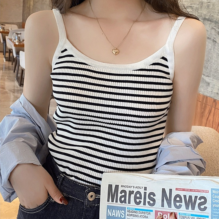 2025 Sling Women's Summer Outer Wear Black and White Striped Knitted Vest Women's Inner Base Slim-fit Clavicle Outer Wear Top