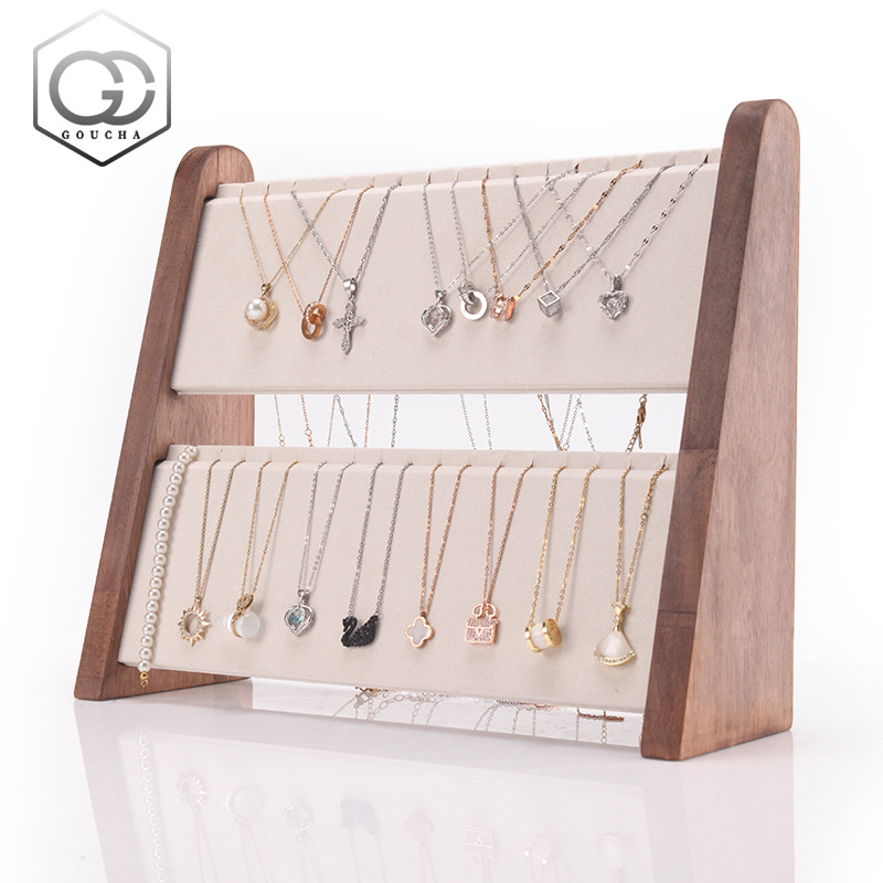 Walnut Color Beveled Necklace Display Stand Two-Layer Large Capacity Pendant Earrings Storage Finishing Rack Jewelry Rack