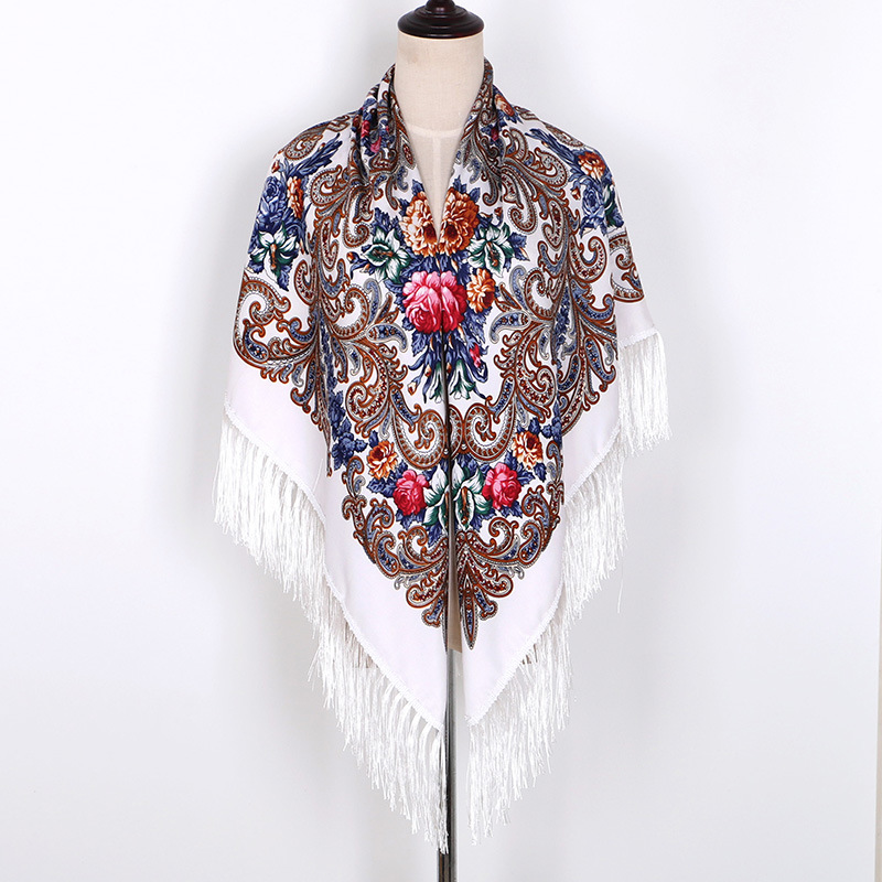 Russian Style Muslim Autumn and Winter Warm Shawl Ethnic Style Printed Tassel Square Scarf Travel Bag Women's Scarf