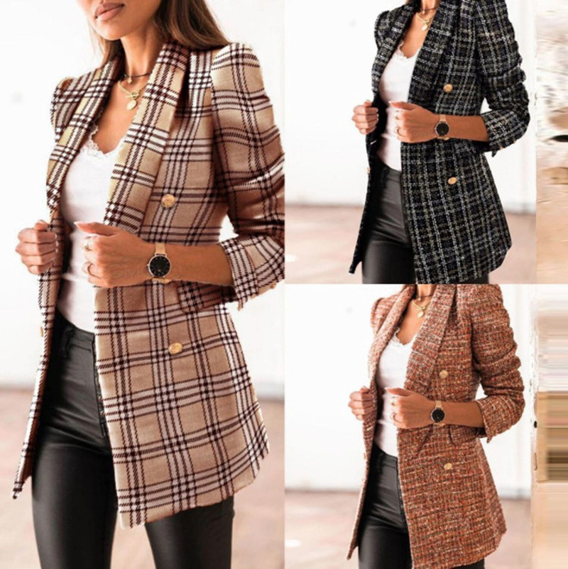 Independent station wish Amazon new autumn and winter long sleeve double breasted suit collar printed small coat women's clothing