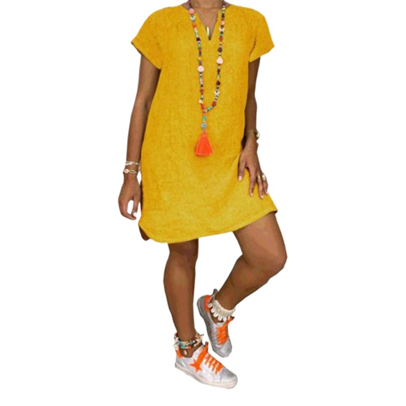 Picture of 2023 New Amazon WISH Hot Spring Summer Loose Skirt Short Sleeve V-Neck Solid Color Woven dress