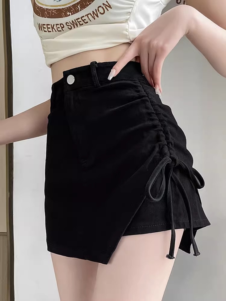 Black Hot Girl Skirt Women's 2024 Summer New Slim Pleated High Waist Irregular A- Line Hip Skirt Pants