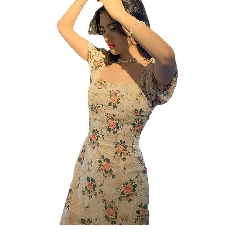 French tea break mid-length skirt 2022 new design sense niche square collar puff sleeve floral dress women's summer