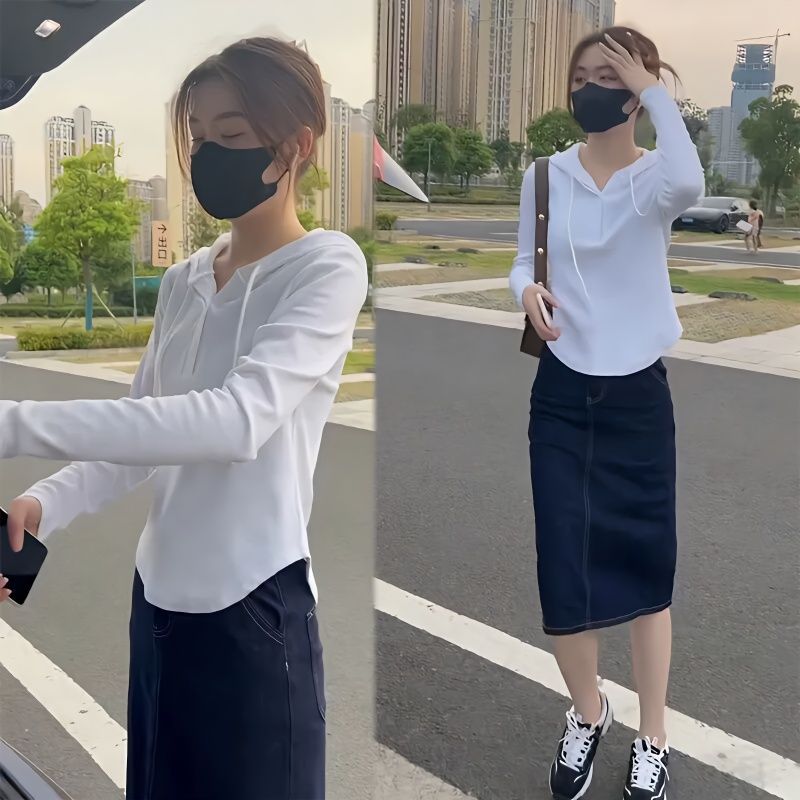 Long-Sleeved Hooded Sweatshirt Denim Skirt Two-Piece Set for Women 2024 Spring New Casual Slimming Look Elegant Suit Trendy