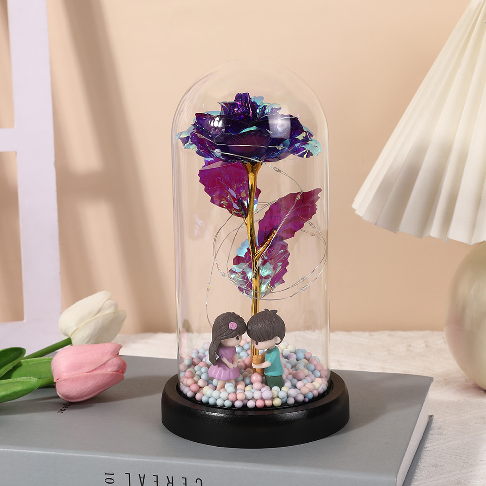 Picture of Valentine's Day Eternal Flower Glass Cover Finished Product Valentine's Day Doll Rose Gold Foil Flower Gift Ornament Birthday Gift