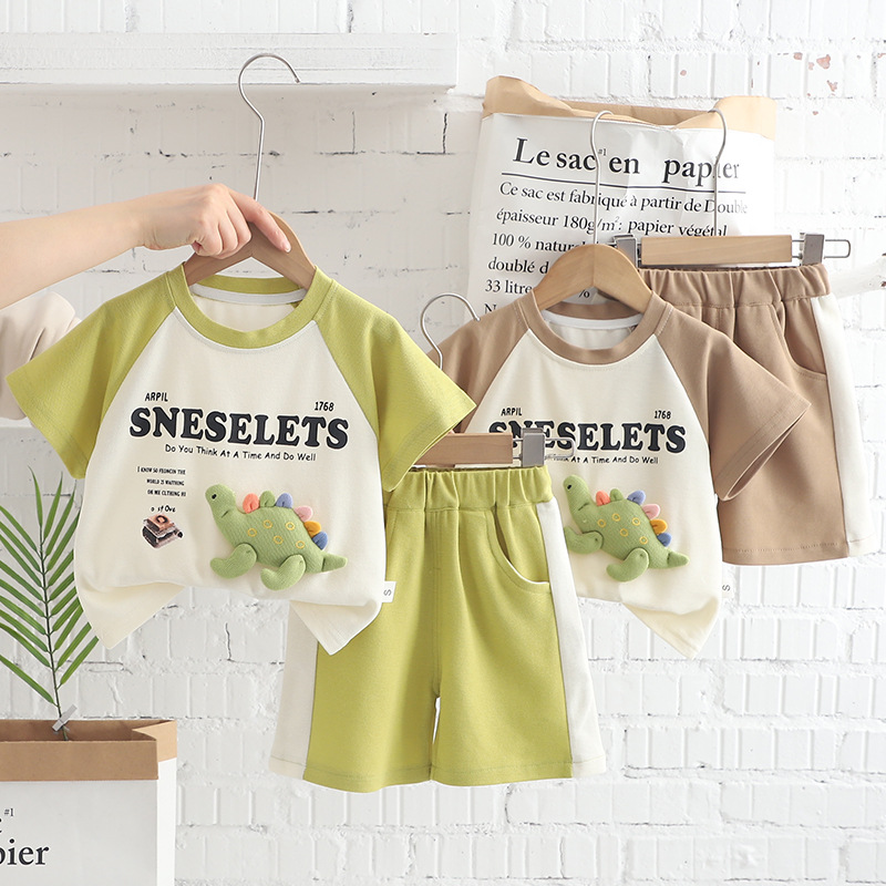 Summer Boys Short-sleeved Suit New Children's Fashion Fried Street Boys Summer Three-dimensional Stegosaurus Short-sleeved Suit Trendy Cool