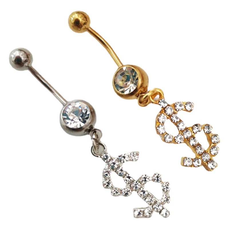 Cross-border European and American trend dollar navel ring sexy rhinestone navel nail women's piercing jewelry body chain