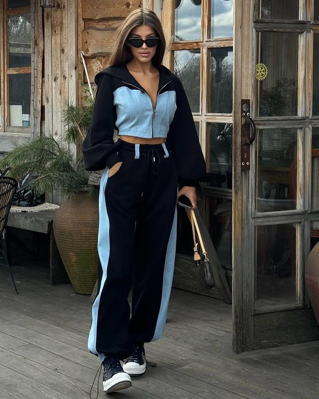 Picture of 2025 Cross-Border European and American Style Fashion Casual Sweatshirt Suit Denim Splicing Hooded Top and Pants Two-Piece Set for Women