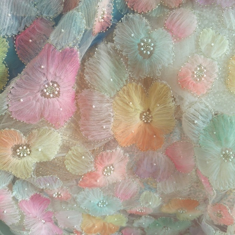 Multicolor Heavy Beaded 3D Floral Handmade Beaded Dress Wedding Material with Embroidery Fabric Width 130cm